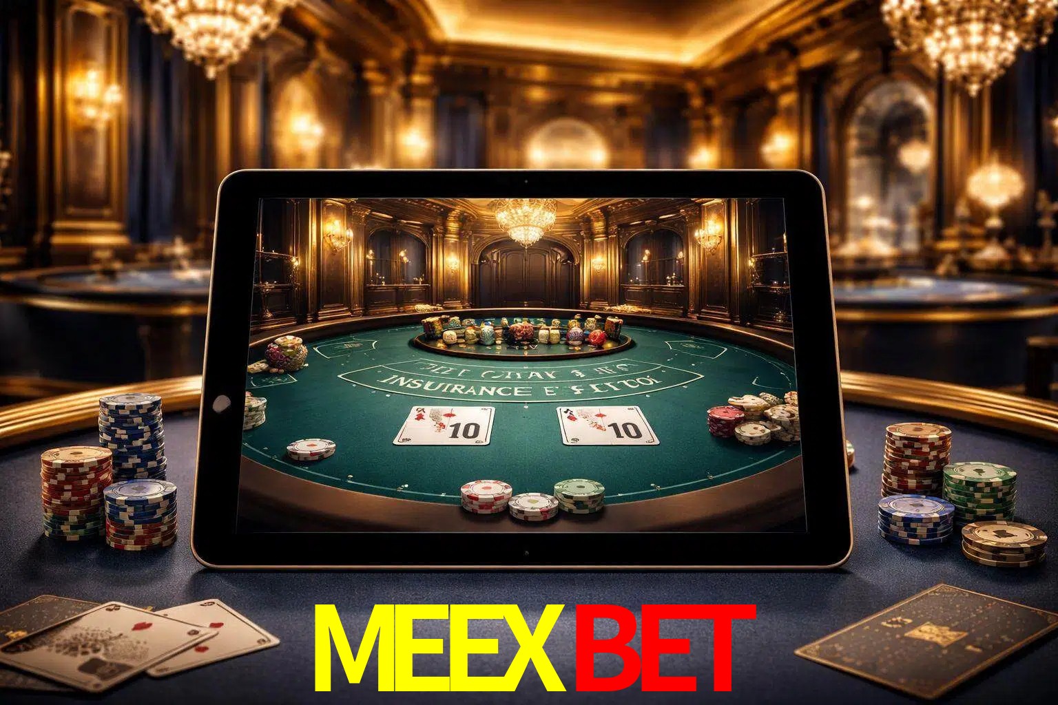 Configuración moderna de casino en vivo con una tableta mostrando una mesa de blackjack, luces cálidas de estudio y una atmósfera elegante de juegos digitales.