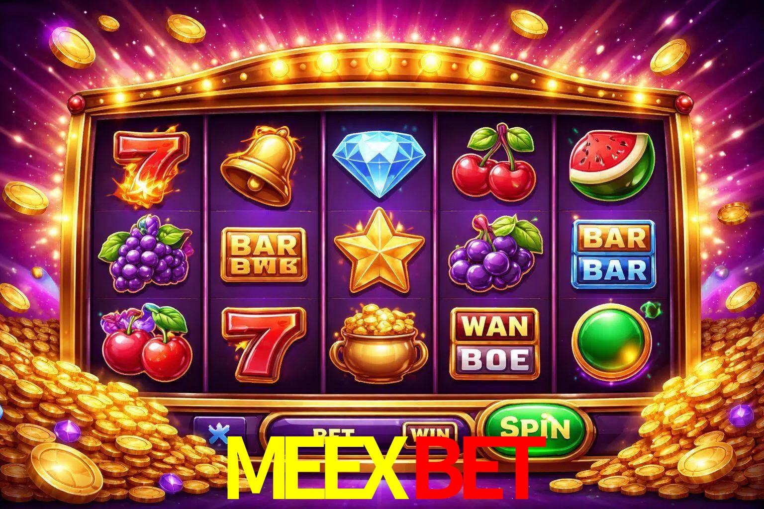 Una interfaz colorida de tragamonedas en línea con símbolos brillantes, monedas y un efecto de victoria celebratoria en MEEXBET.