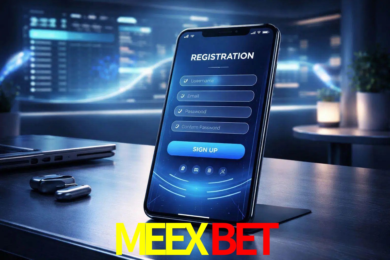 Una interfaz moderna de registro móvil para MEEXBET mostrada en un smartphone con un panel de apuestas elegante.